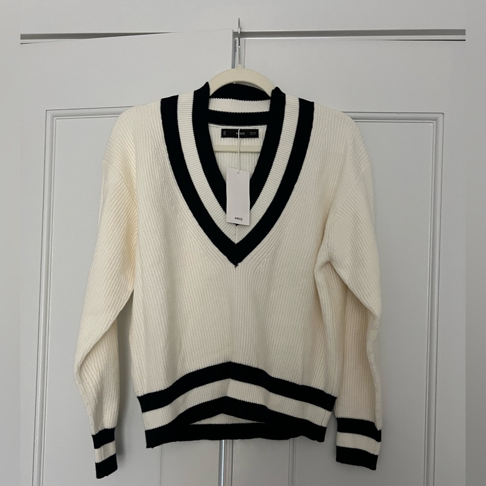 Mango Cream V-Neck Sweater with Black Stripe Trim